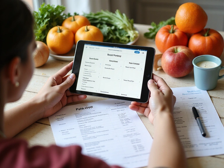 A person reviewing a personalized meal plan on a tablet with fresh fruits and vegetables on a table, symbolizing healthy eating and customized diet.